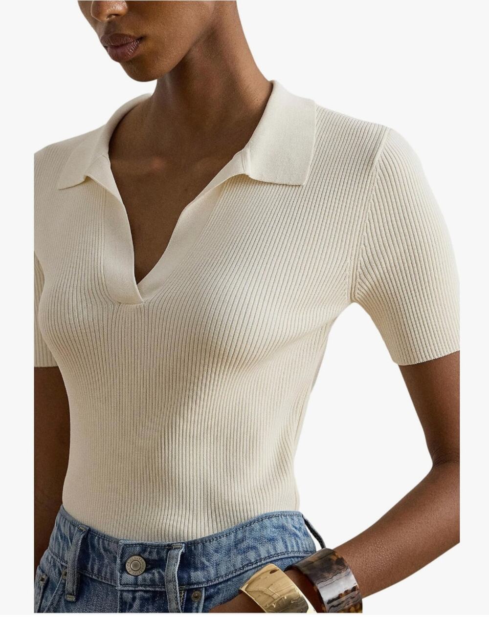 Ralph Lauren Rib Knit Polo Sweater M NWOT Cream White Johnny Collar Prep Y2K